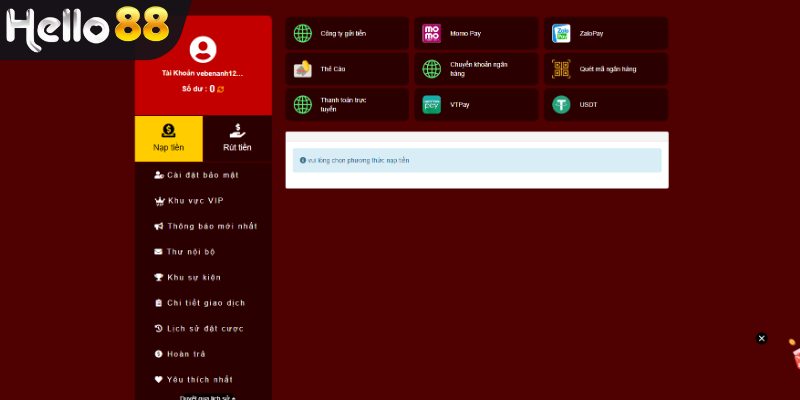 Phương thức nạp tiền HELLO88 có tại nhà cái
